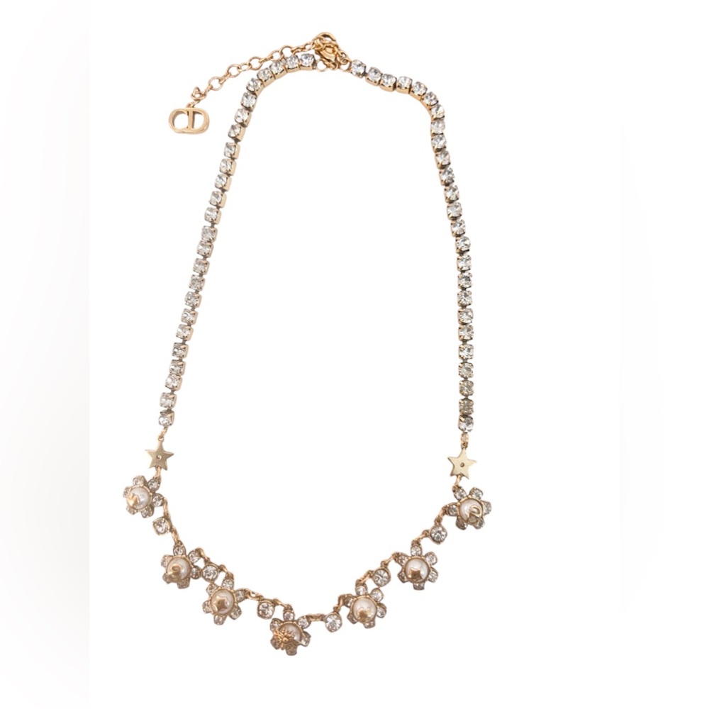 Christian Dior  Pearl Crystal  Logo Charm Necklace Gold